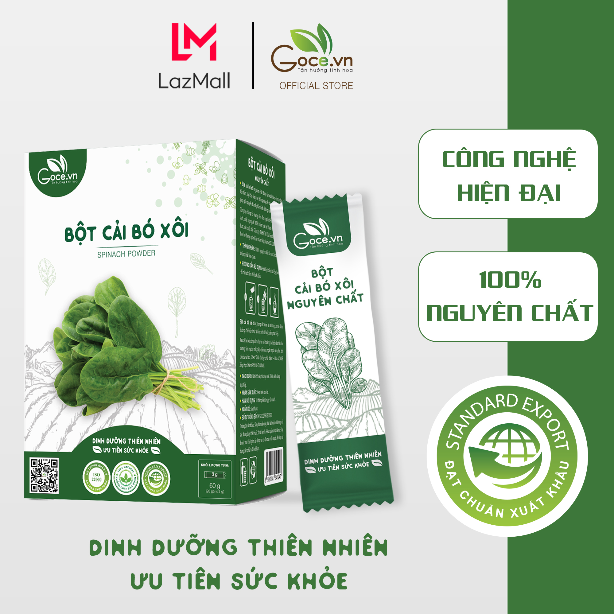 Bột cải bó xôi nguyên chất Goce (Rau bina) - 60g (20 gói x 3g)