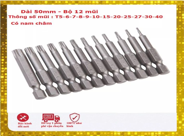Bộ hoa thị lỗ dài 50mm từ T5 đến T40 có nam châm hàng Đài Loan- Mũi tô vít hoa khế 12 món