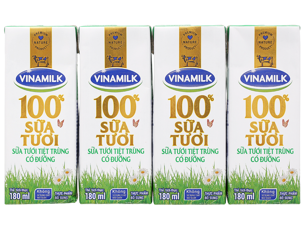 Vỉ 4 hộp sữa tươi vinamilk 100% có đường - loại 180ml