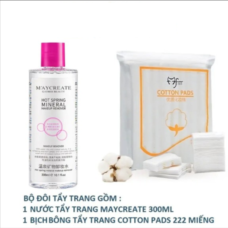 Combo 1 bông tẩy trang Cotton Pads 222 miếng+1 Nước tẩy trang Maycreate 300ml