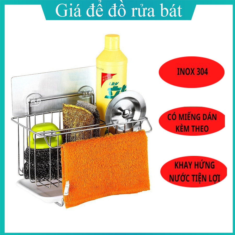 Giá inox đựng dụng cụ rửa bát dán tường có khay hứng nước - Giá để đồ rửa bát inox 304 - Giá để đồ cài cạnh vòi rửa bát tiện lợi sạch sẽ