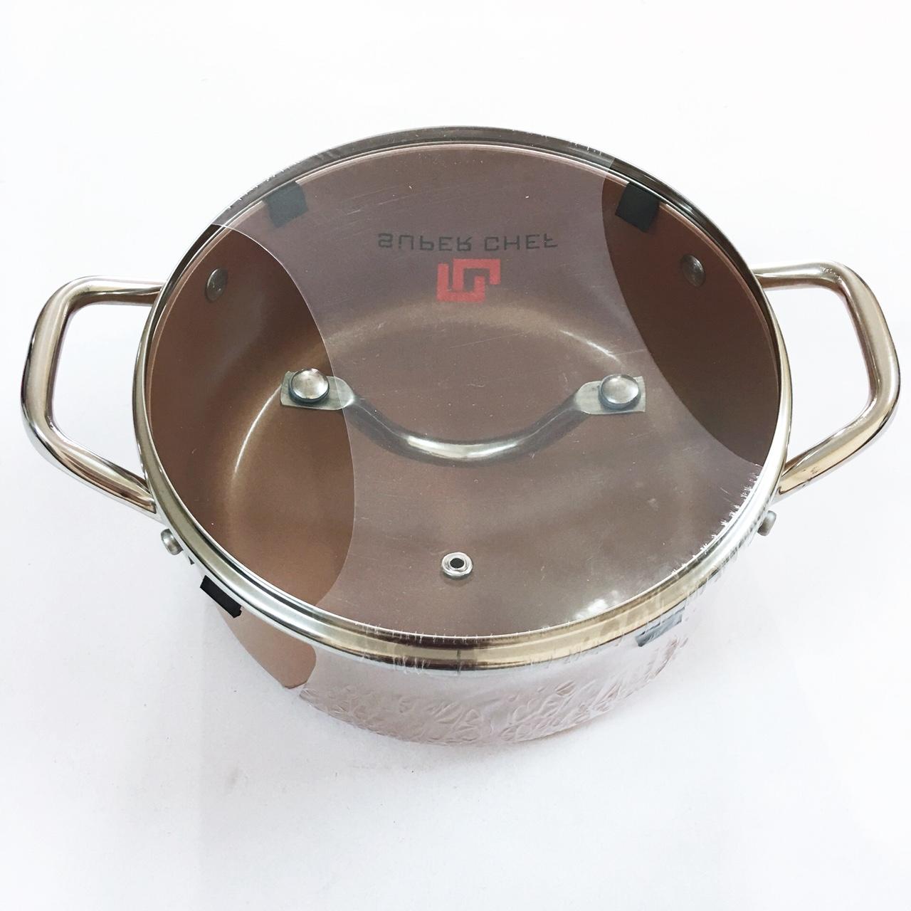Nồi nắp kính chống dính super chef hợp kim tráng men đáy từ quai chống nóng 26cm sc-s2026