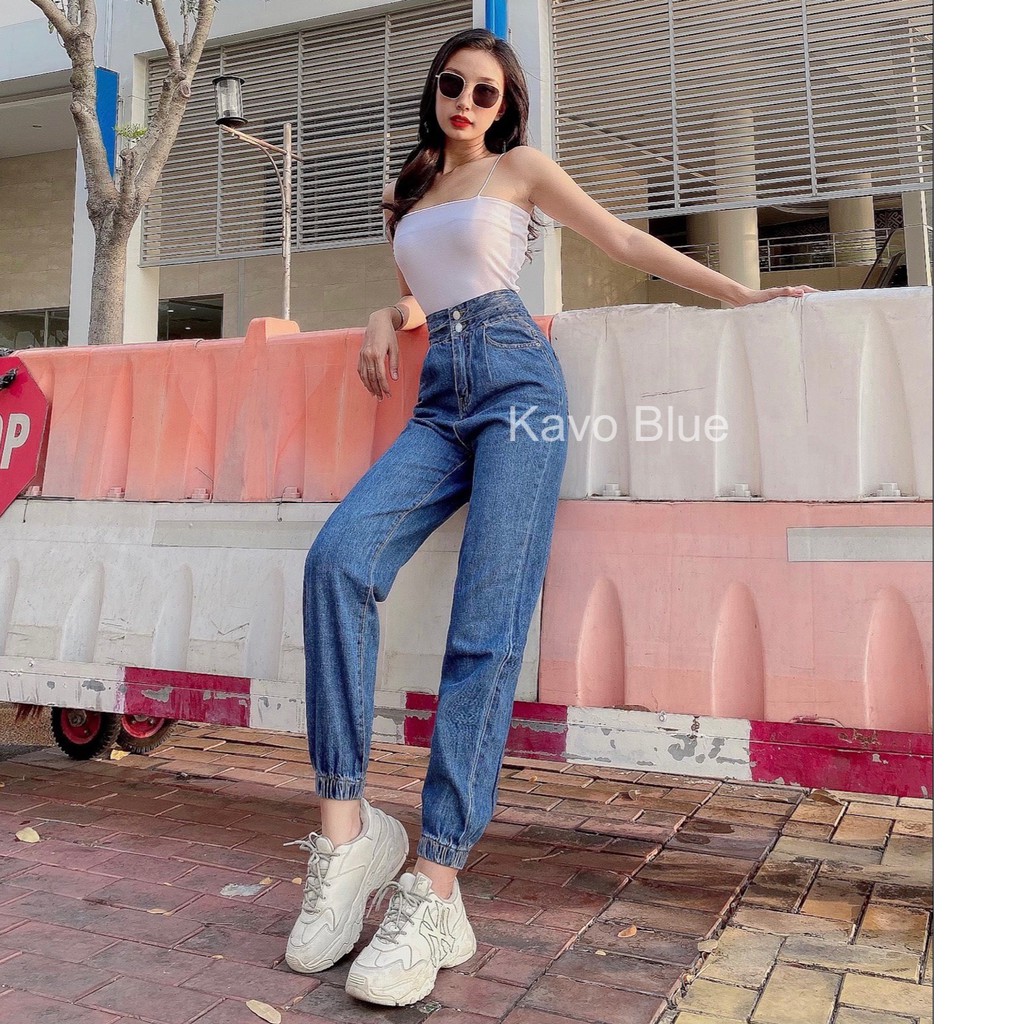 Quần bò nữ bo chun gấu dáng baggy cạp cao trên rốn