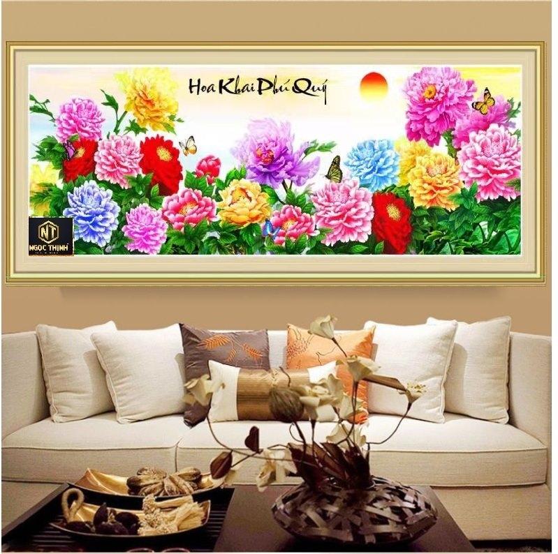 Tranh thêu chữ thập Hoa khai phú quý MN0055 194x74cm