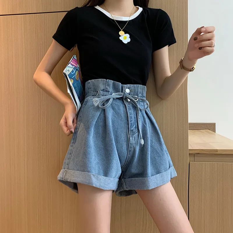 Hong Kong Style Retro High Waist Drawstring Denim Shorts Women S Summer Large Size Fat Girl Student Loose Slimming And Wide Leg A Line Hot Pants Lazada Ph