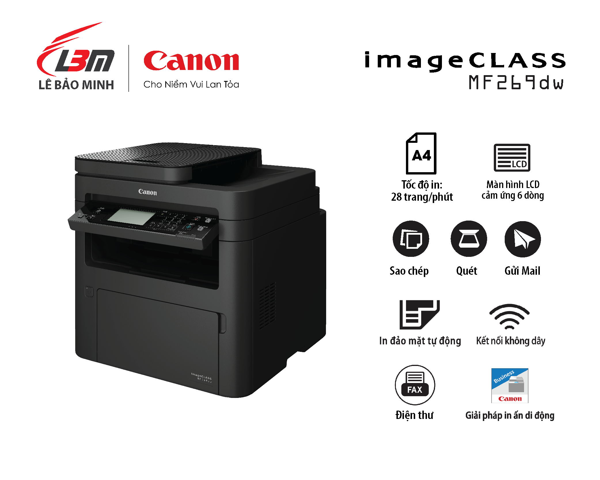 Máy in laser đa chức năng với Khay nạp giấy tự động đảo mặt Canon MF269dw- Hàng chính hãng Lê Bảo Minh