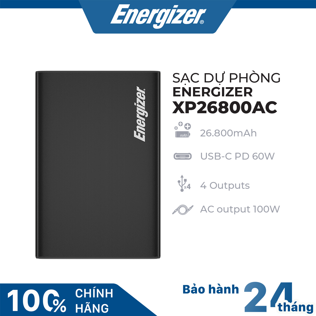 Sạc dự phòng Energizer XP26800AC- Dung lượng cao 26800mAh, 4 cổng outputs, tích hợp sạc nhanh PD 60W sạc điện thoại, laptop có cổng AC 100W