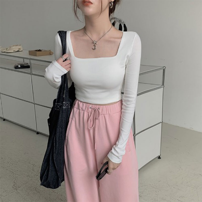 Áo croptop nữ cổ vuông tay dài, Croptop Nữ trơn màu dài tay cổ vuông