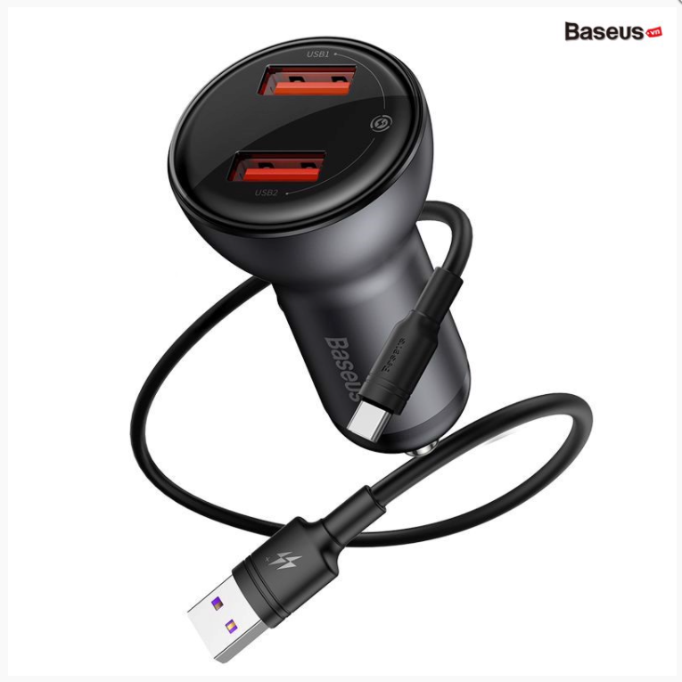 Bộ Tẩu củ sạc nhanh 45W QC 3.0 đa năng 2 cổng USB hiệu Baseus Digital Display Quick Charger tặng cáp sạc Type-C cho xe hơi / xe ô tô