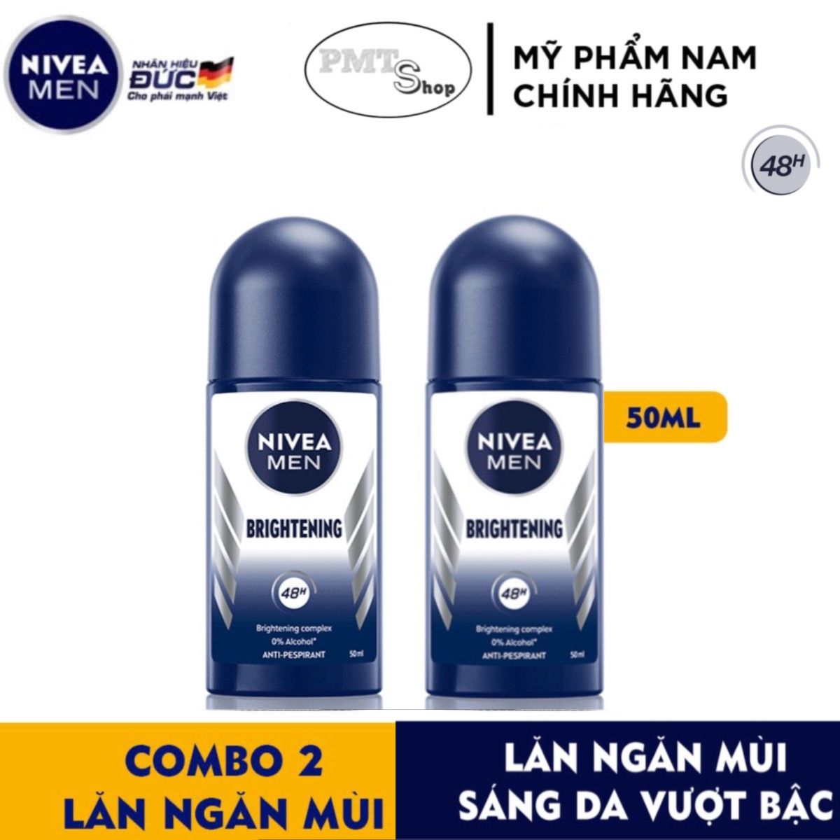 Combo 2 Lăn Khử Mùi NIVEA MEN Brightening 50ml sáng da ngăn mồ hôi