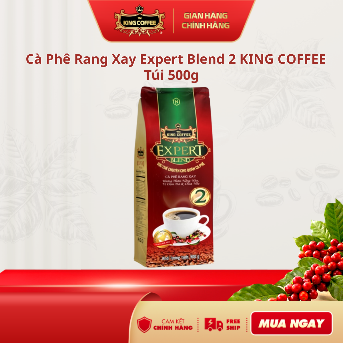 Expert Blend 2 King Coffee Roasted Coffee - 500g Bag - Special Product Exclusively for Cafes - Pure Robusta & Arabica Coffee Selected from Buon Ma Thuot and Da Lat - Rich and Slightly Sour