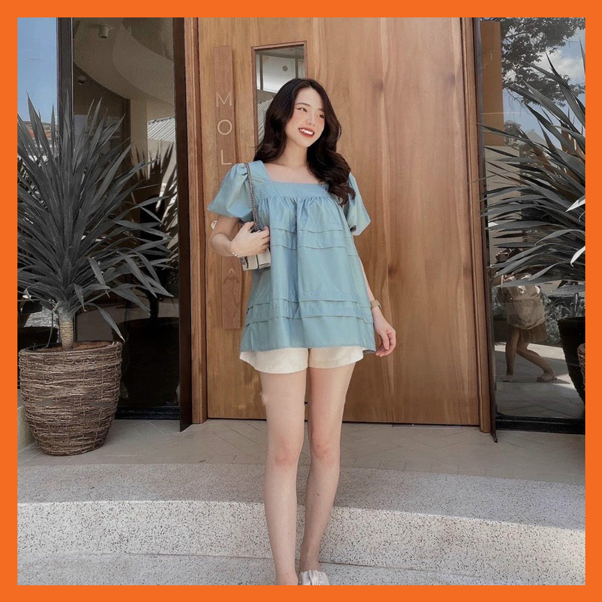 Set mặc ở nhà Cổ Vuông tay ngắn vai bồng, Bộ kiểu Babydoll bánh bèo đẹp trễ vai - SN02