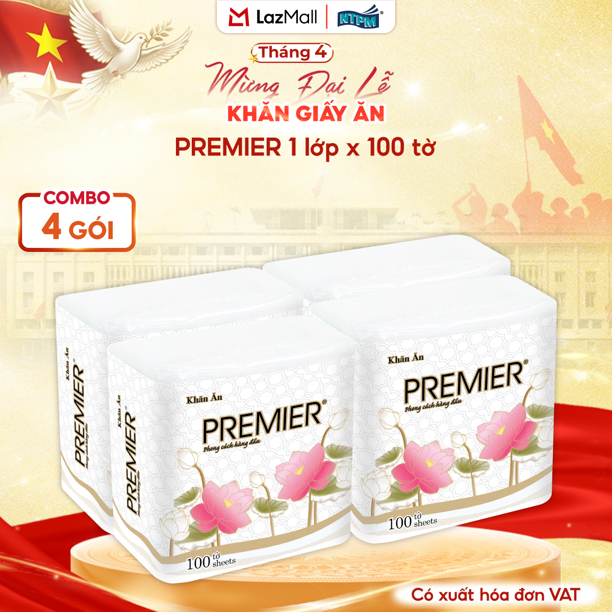 [COMBO 4 GÓI] Khăn giấy ăn Premier, 1 lớp - 100% bột giấy nguyên sinh, không chất tẩy, 100 tờ/gói - Chính hãng