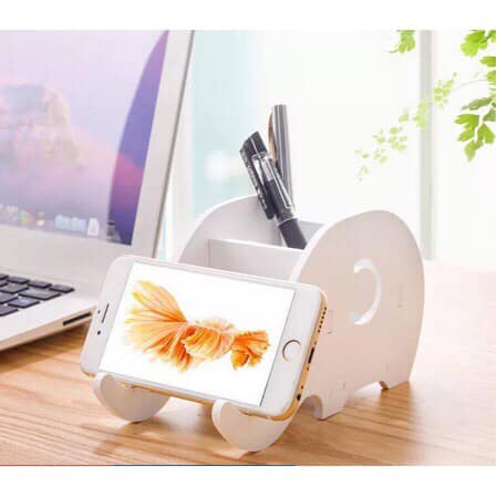 Hộp đựng bút con voi màu trắng để bàn làm viêc kèm giá đỡ điện thoại