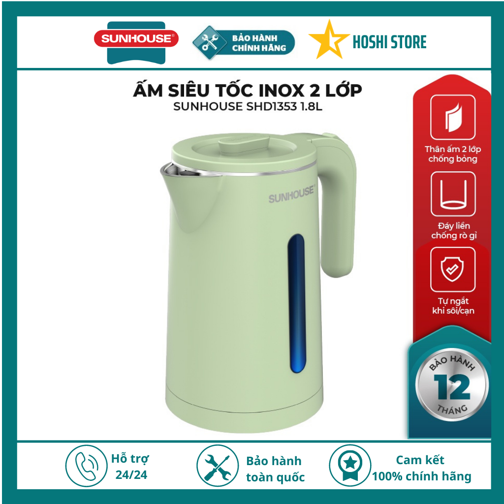 {ĐÁY LIỀN CAO CẤP 100% KHÔNG RỈ NƯỚC}. ẤM SIÊU TỐC. BÌNH SIÊU TỐC INOX 2 LỚP CAO CẤP 1.8L CHÍNH HÃNG SUNHOUSE SHD1353, bảo hành 12 tháng toàn quốc