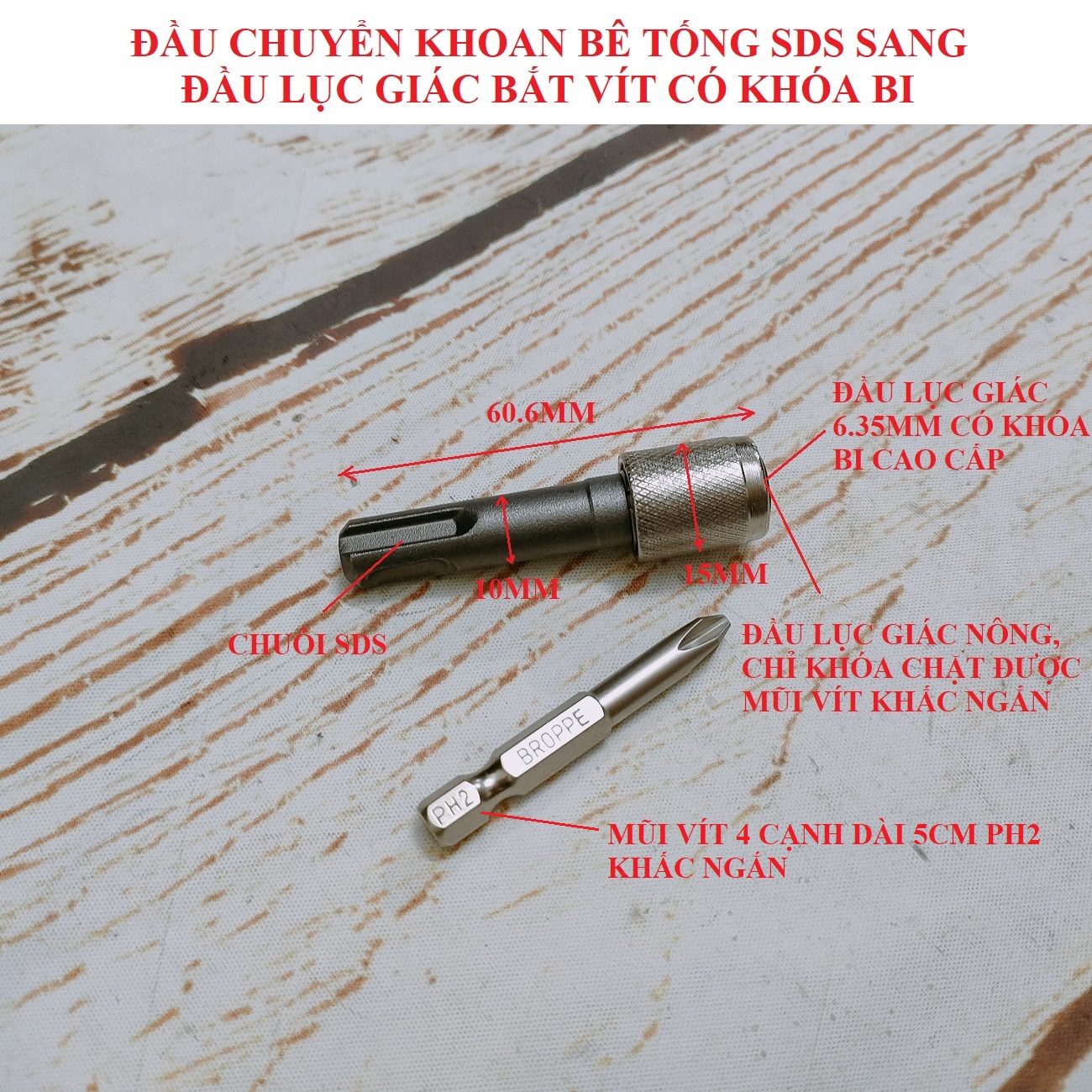 SV Đầu chuyển khoan bê tông SDS sang đầu lục giác có khoá bi cao cấp để bắt vít