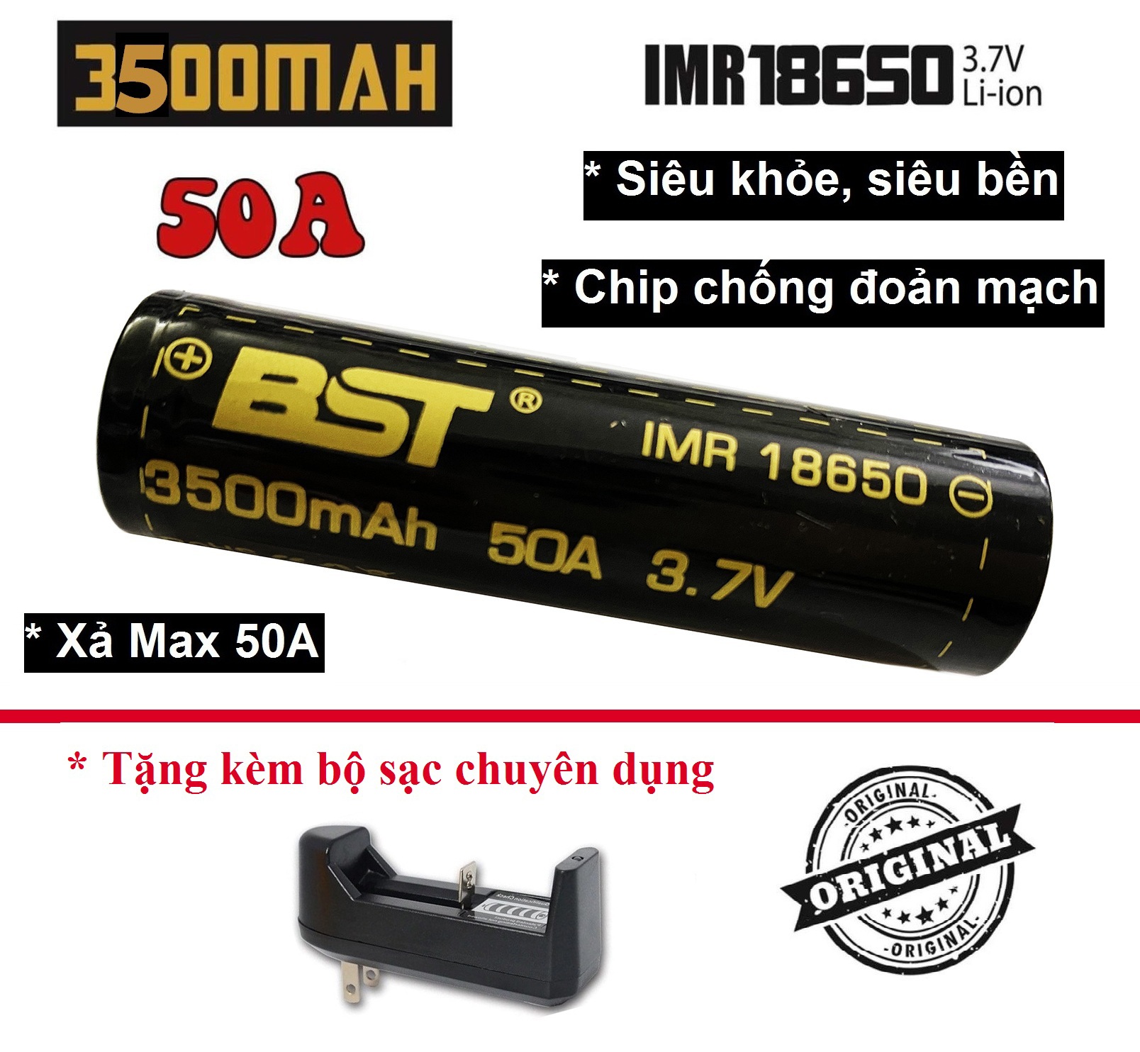 Pin sạc Lithium 18650 3.7v 3500mah BST dòng xả Cao 50A, Pin Lithium - ion sạc nhiều lần (mới 100%) + Tặng Kèm 1 Cục Sạc Cao Cấp Tiện Dụng, Pin dùng cho sạc dự phòng, đèn pin, quạt sạc mini, mic Karaoke, mech, pin laptop....(1 Viên+ Sạc)