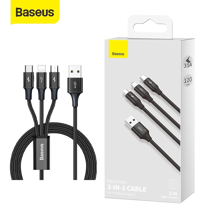Cáp sạc baseus 3 đầu bọc dù usb sang lightning iphone - type c - micro bọc dù 3.5a rapid series 3in1 đa dụng siêu bền