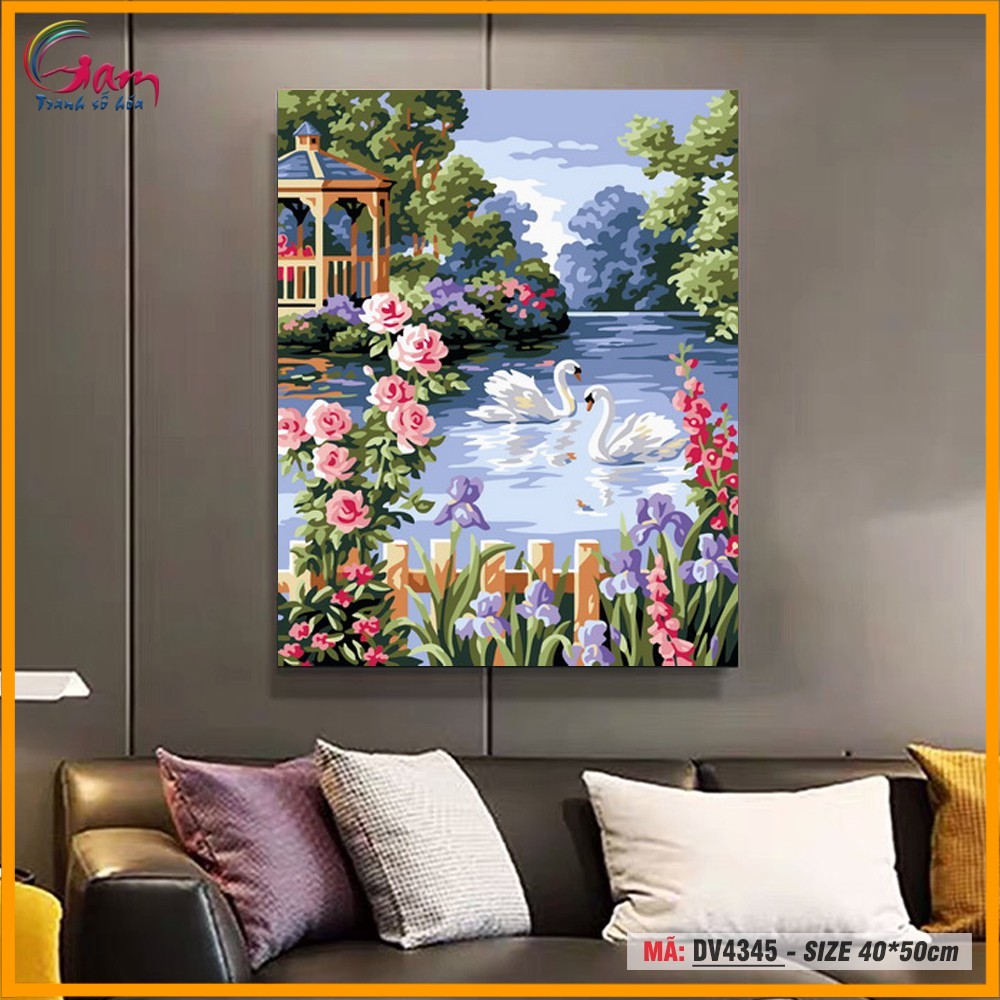 Tranh tô màu theo số TRANHSOHOAVN đôi thiên nga trắng DV4345