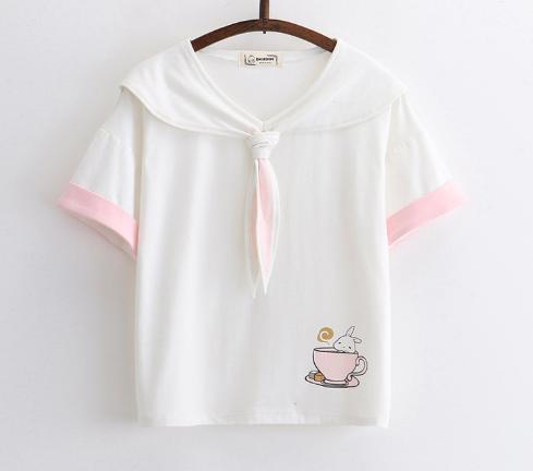 [Đồng giá 199k] Áo thun nữ crop top thắt dây cổ áo hình thỏ trong tách trà dễ thương (Trắng) LTTA3208 BEAUTYSALES