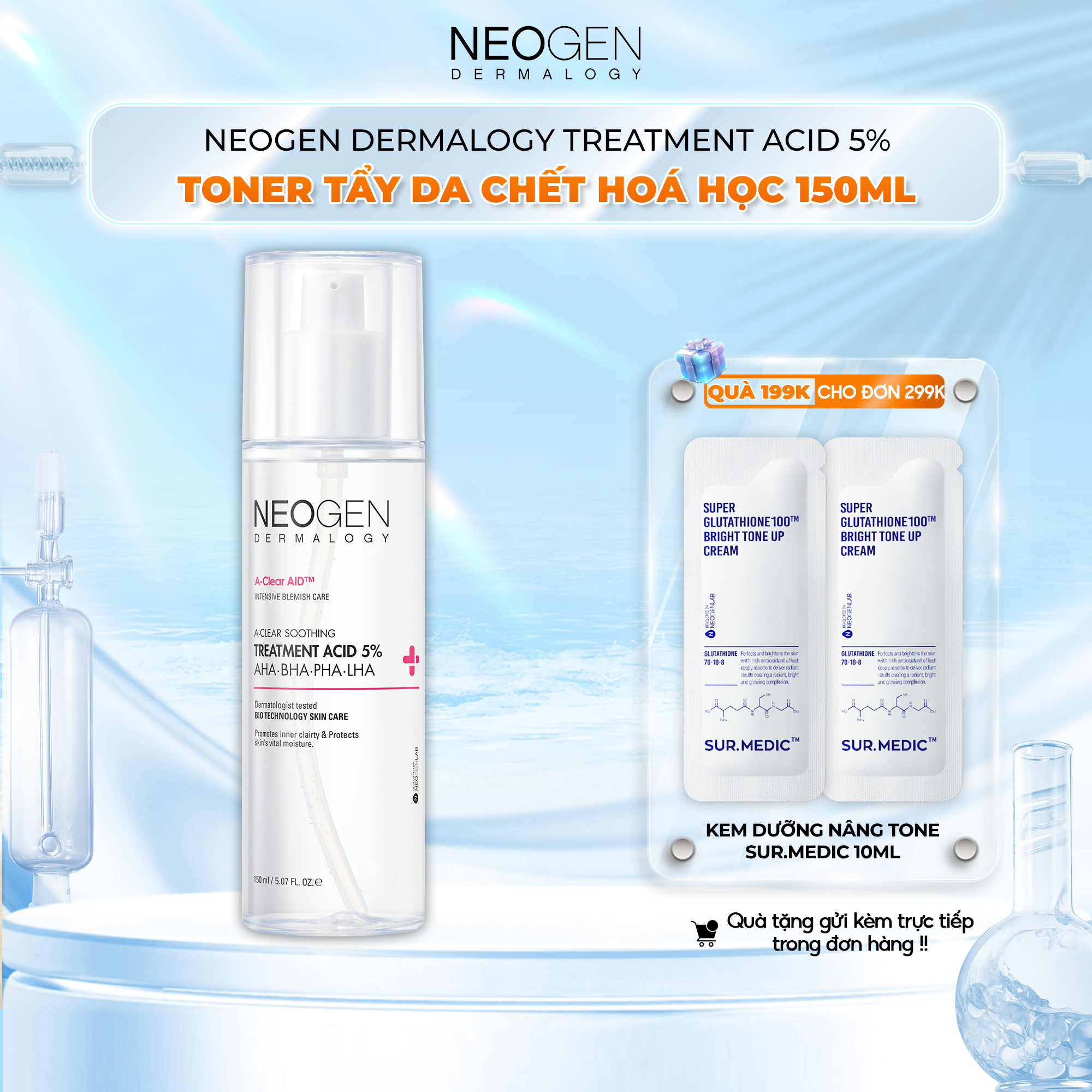 Toner tẩy tế bào chết 5% pha - aha - lha - bha dưỡng sáng ngừa mụn neogen dermalogy treatment acid 150ml