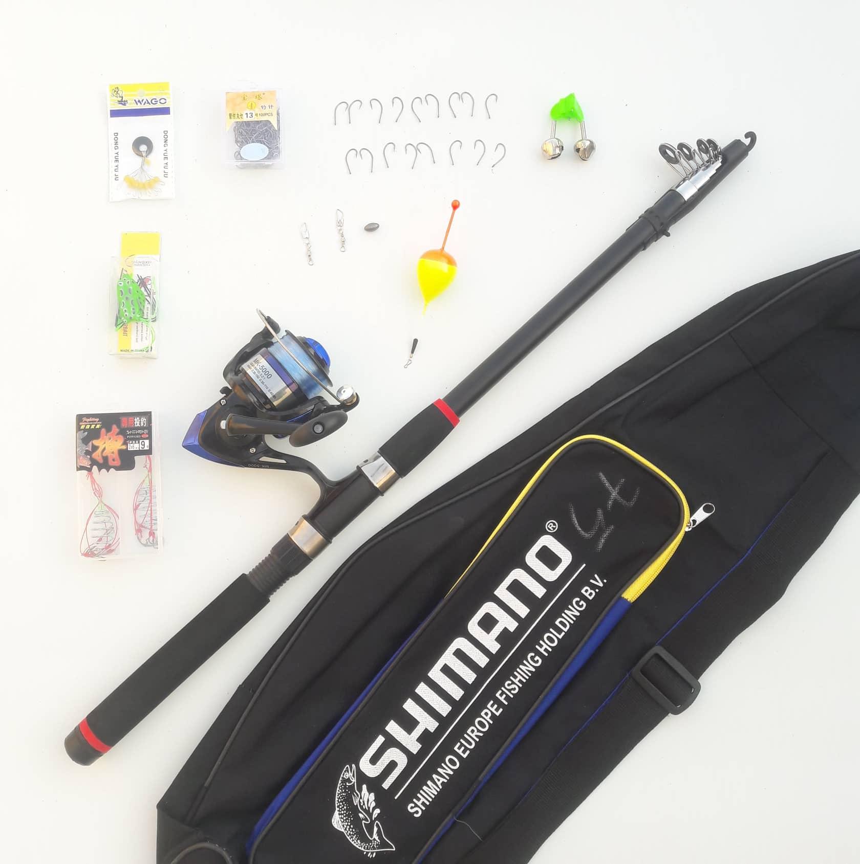 Bộ cần câu máy rút shimano kèm máy câu 5000 và 6000 túi đựng cần câu, phao, chì ,lưỡi lăng xê lưỡi đơn...