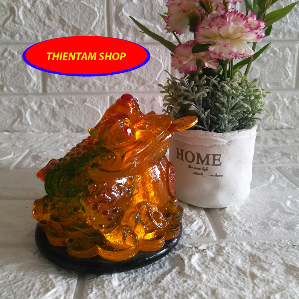 Cóc ba chân ngậm tiền vàng chiêu giữ tài lộc màu hổ phách TTHP16