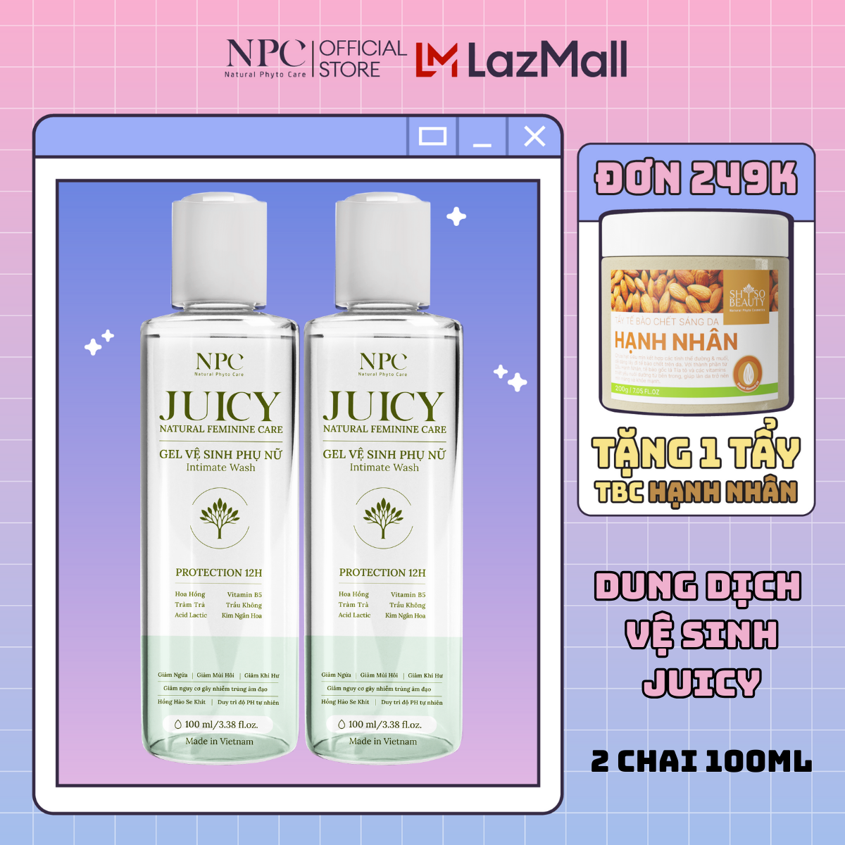 COMBO 2 chai dung dịch vệ sinh phụ nữ Juicy 100ml tinh chất trầu không tràm trà giảm viêm, ngăn ngừa nấm hiệu quả - NPC PHAR