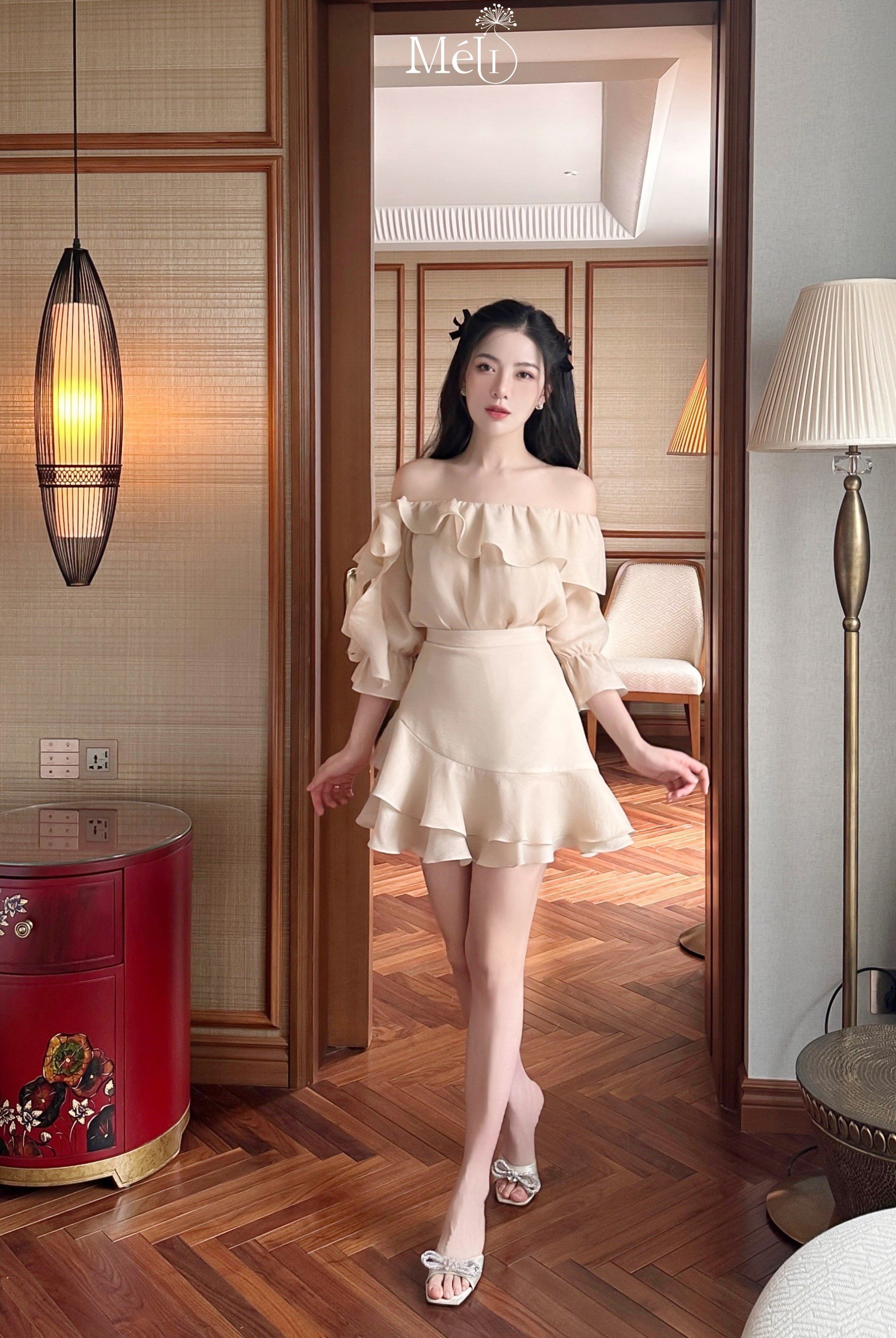 Áo xuông tơ trễ vai bèo - Chân váy tơ bèo - Tơ hàn mềm mại - Có tách set
