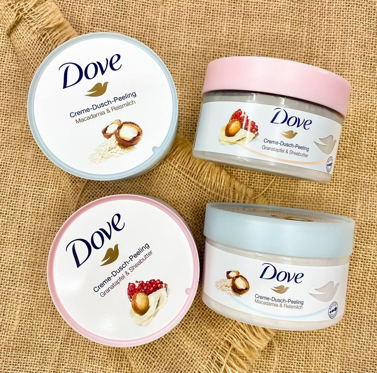 Kem tắm tẩy da chết Dove gồm 2 loại MACCA & GẠO SỮA và HƯƠNG BƯỞI VÀ BƠ HẠT MỠ - Hàng Đức