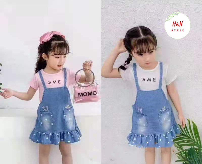 Set váy đầm jean đuôi cá liền áo thun trắng dễ thương cho bé gái từ 8 - 18kg - H&N Style