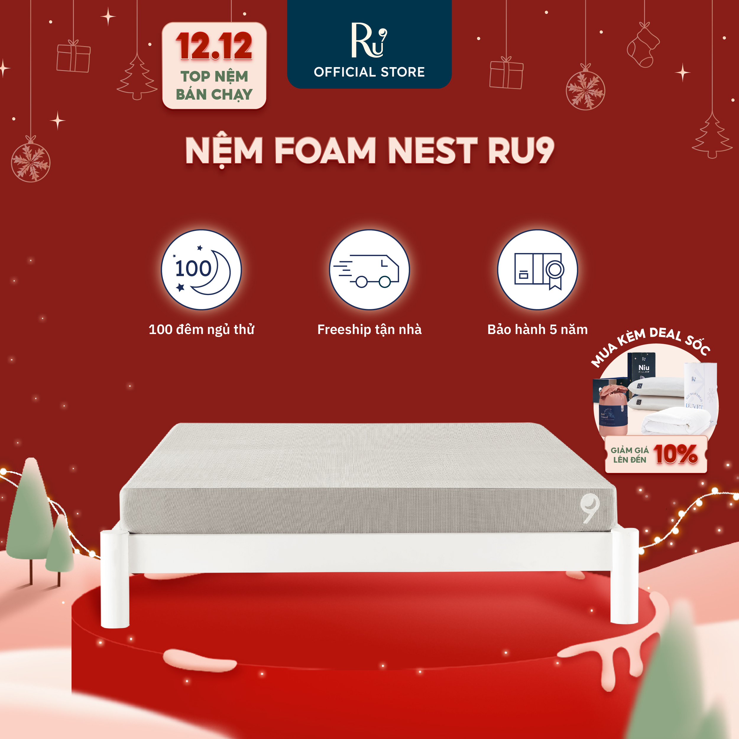 Nệm Foam RU9 Nest 15cm Nệm êm ái hút chân không và đóng hộp nhỏ gọn thoáng mát thấm hút tốt nâng đỡ cột sống 6 Kích Thước 100 đêm ngủ thử Trả góp 0