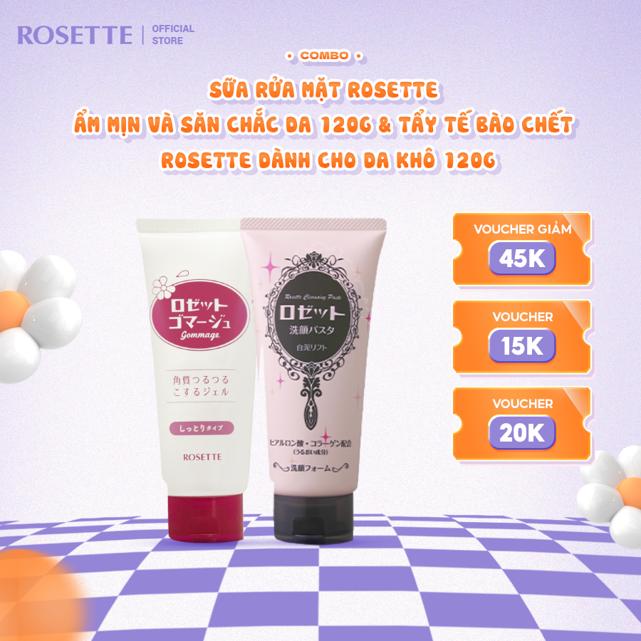 Combo Tẩy Tế Bào Chết Dành Cho Da Khô Rosette Gommage Moist 120g Và Sữa Rửa Mặt Tái Tạo Da Rosette Clay Clift 120g