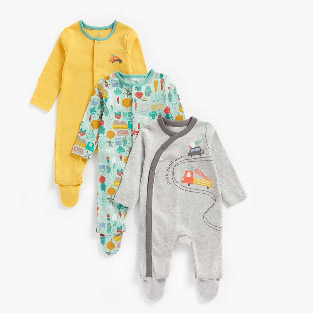 Mothercare - all in one - set 3 áo liền quần dài tay dài chân nhiều màu