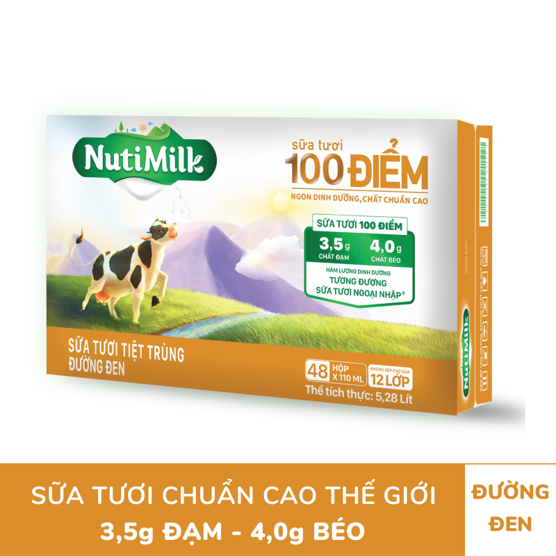 Thùng 48 Hộp NutiMilk Sữa tươi 100 điểm - Sữa tươi tiệt trùng đường đen 110ml TU.STDD110TTGT - Thương Hiệu NUTIFOOD - TTGT89