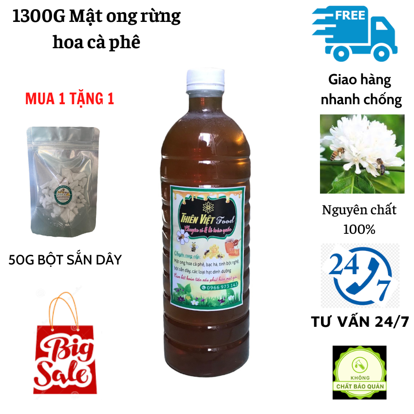 1Lít Mật ong rừng hoa cà phê Đắk Lắk nguyên chất tốt cho sức khỏe và làm đẹp (CHAI1,3KG)- THIÊN VIỆT FOOD