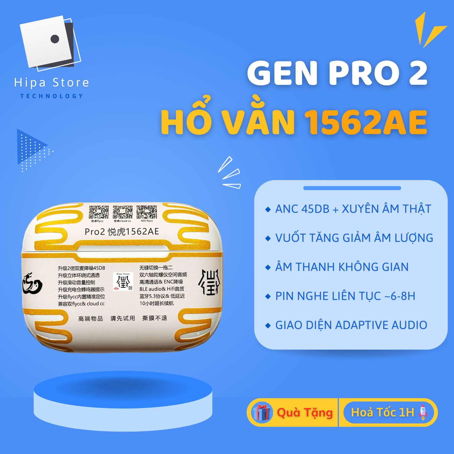  Tai Nghe Hổ Vằn Pro 2 1562AE Chống Ồn ANC 45DB Âm Thanh Không Gian Cử Chỉ Đầu | Hipa Store 