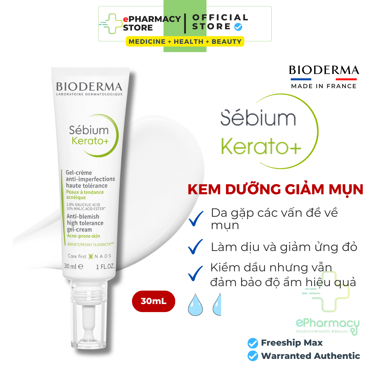 Kem dưỡng Bioderma Sebium Kerato+ giảm mụn, mờ thâm [30ml]