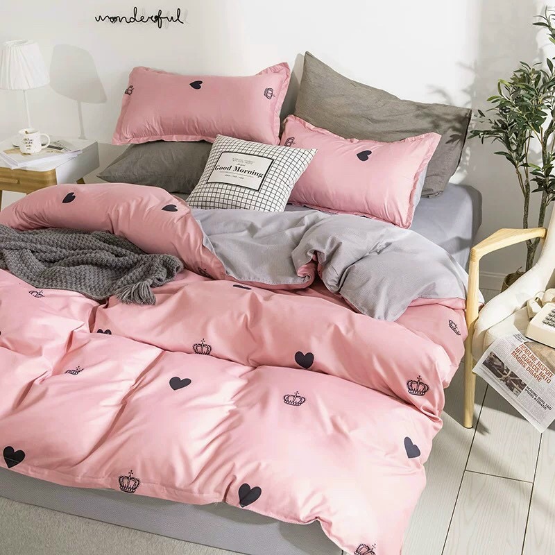 Bộ chăn ga gối phong cách Hàn Quốc with love bo chun đủ kích thước
