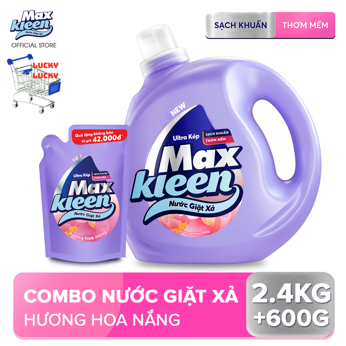 Combo Nước giặt xả Maxkleen hương hoa nắng: 1 Chai 2.4kg + 1 Túi 600g