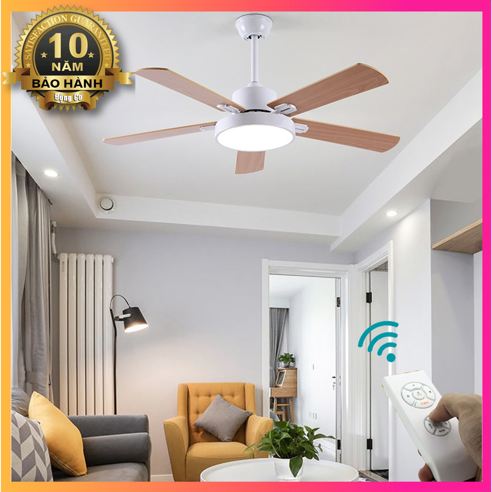 Đèn quạt trần  LUXURY DECORATIVE FAN LAMP Trắng Cánh Gỗ 52inch, đèn LED XH-318 [Bảo Hành 12 Tháng]