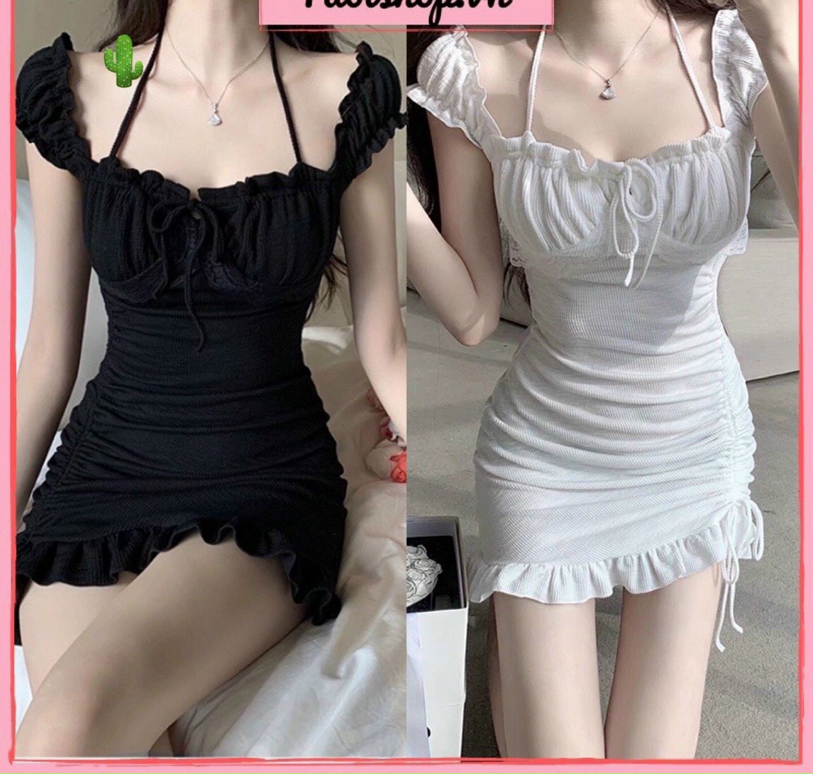 Đầm body viền bèo dây rút