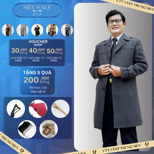 Áo dạ trung niên - Áo măng tô dáng dài nam trung niên dạ lông cừu nhập khẩu hàn quốc cao cấp Mới