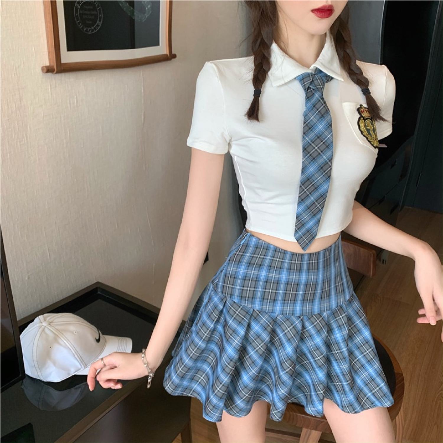 Cosplay sexy đồng phục học sinh sọc caro màu xanh nhạt
