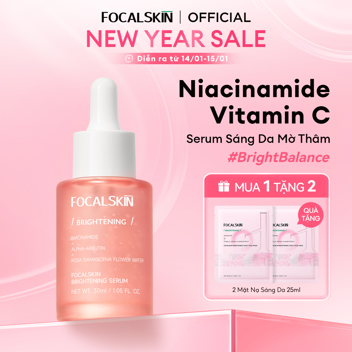 FOCALSKIN Serum Dưỡng Trắng Da Mờ Thâm Mụn Gấp Đôi Vitamin C + Niacinamide B3 +  Alpha Arbutin Dưỡng Ẩm Mờ Nám 30ml