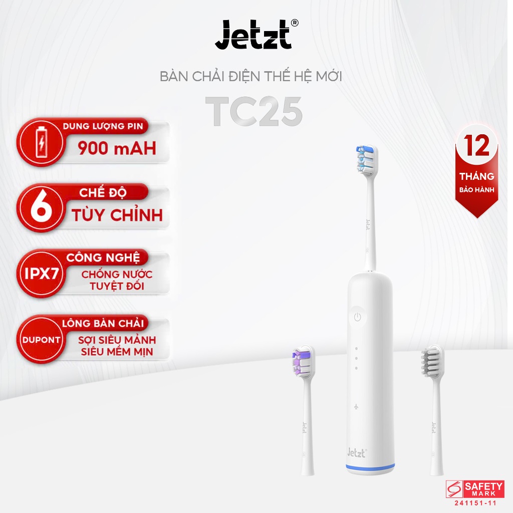 Bàn chải điện công nghệ mới Jetzt TC25, chế độ rung 66.000 lần/phút, đầu chải xoay 45 độ, làm sạch răng gấp 10 lần