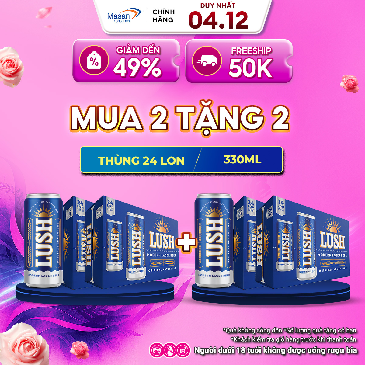   04.12 Voucher Giảm đến 18%  Combo 2 thùng  Bia Lush Cao Cấp - Bia Êm Dễ Uống -Thùng  24lon x 330ML  Nồng độ cồn 4,5%  