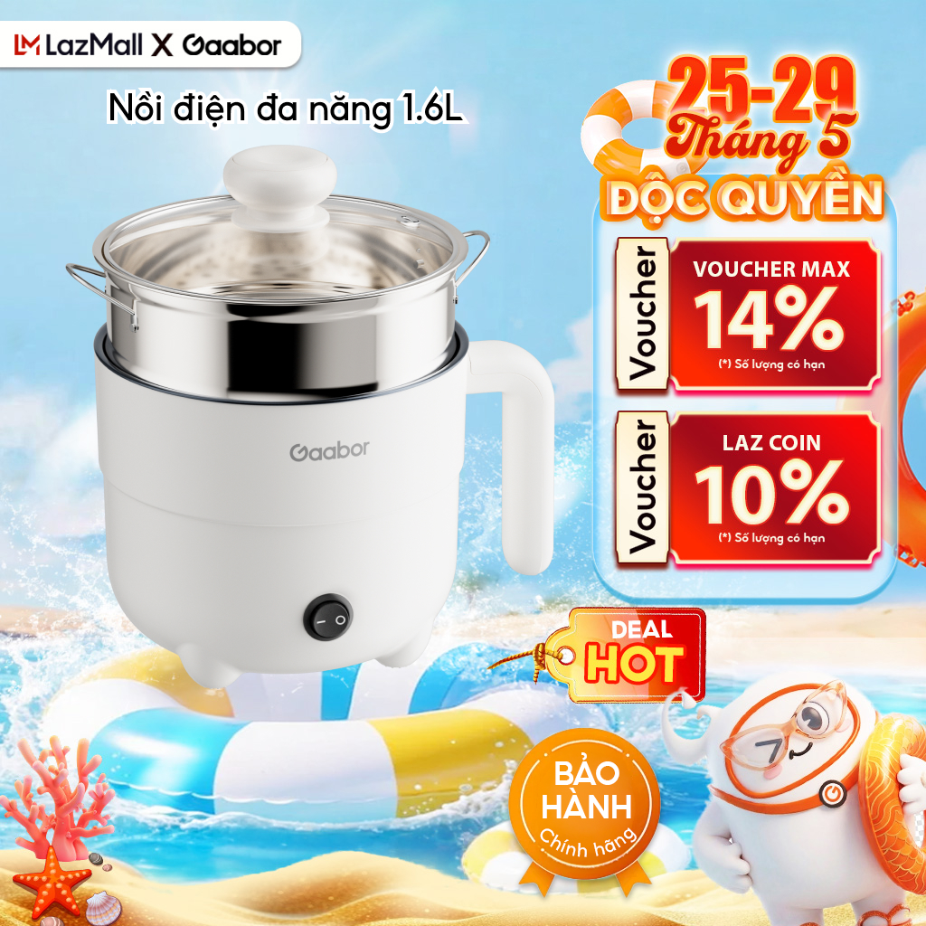 Nồi điện đa năng 1,6 lít Gaabor EC-18M01A lòng chống dính chiên, nấu, xào, ăn mì, nấu lẩu kèm xửng hấp inox - Bảo hành 12 tháng 1 đổi 1