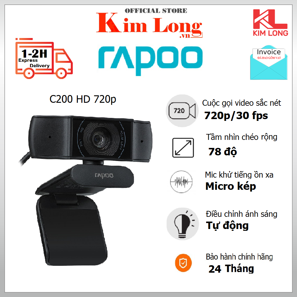 Webcam Rapoo C200 HD 720P Ghi lại âm thanh nổi từ dưới mọi góc độ - Bảo hành chính hãng 2 Năm