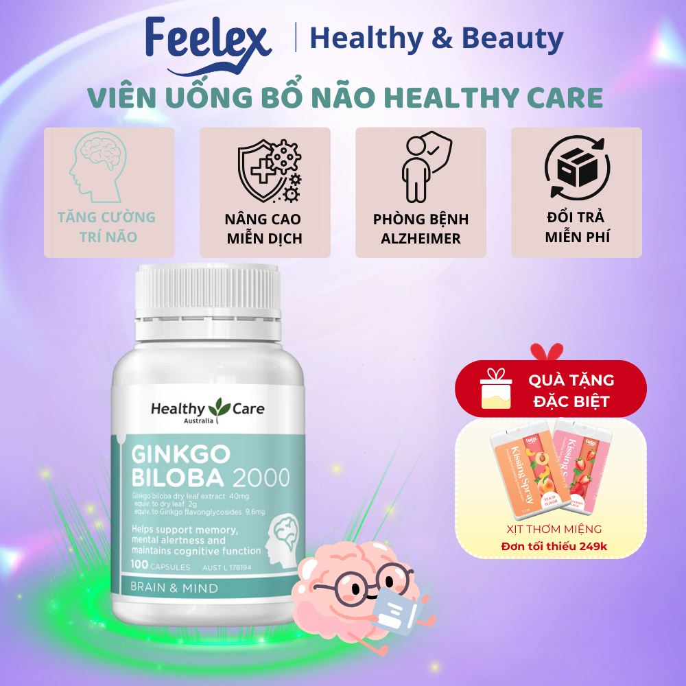 Bổ não Healthy Care Ginkgo Biloba 2000mg, tăng cường trí nhớ, tuần hoàn máu não, giảm đau đầu, hộp 100 viên
